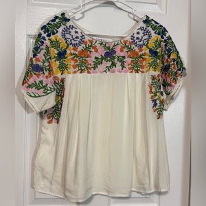 Buddy Basic Embroidered Boho Top Medium Floral Rayon Peasant Blouse